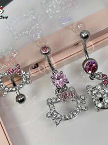 Sanrio 1pc SANRIO Hello Kitty Navel Ring - Y2K Fashion Alloy Navel Jewelry With Pink Crystal Decor - Body Piercing Accessory For Women - Ideal Birthday And Valentine's Day Gift, SANRIO