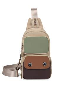 新款男士胸包，带多个口袋，撞色斜挎包，多功能休闲运动单肩包，骑行包，多层小布艺斜挎包 - 卡其色 - 查看 7