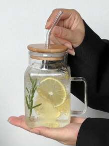 1pc Square Glass Cup With Handle, Glass Cup With Bamboo Lid And Glass Straw, Transparent Beverage Cup, Iced Coffee Cup, Beverage Can, Juice Wide Mouthed Cup, Tea, Milkshake, Reusable Tableware, For Home And Office Use, Adult, Male And Female Gifts