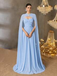 Faeriesty 雪纺两件套，带水钻扣饰边，戏剧性斗篷式覆盖，奢华甜心领口，褶皱紧身胸衣和飘逸连衣裙，适合春夏婚礼、庆典和晚会活动（优雅的正装、透气的面料、醒目的水钻装饰）、派对礼服、礼服，适合婚礼宾客 - 淺藍色 - 查看 4