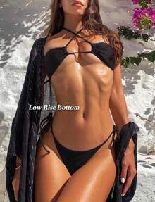 Braga de bikini sexy para mujer con lazos laterales y parte trasera fruncida, traje de baño brasileño de cadena