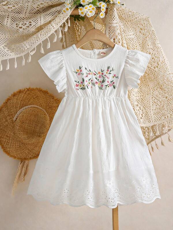 Abito da principessa per ragazze con maniche a cappuccio e ricamo in voile, elegante e alla moda per l'estate
