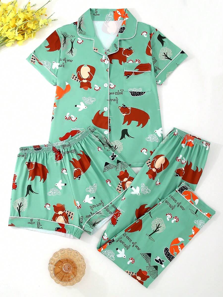 Set de 3 piezas de pijama casual de mujer con mangas cortas, que incluye shorts y pantalones largos, manga corta con cuello y botones, cómodo y holgado, adecuado para usar en casa en todas las estaciones - Verde - Ver 1