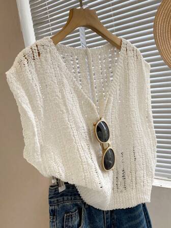 女士纯色针织镂空 V 领罩衫，短款背心，适合春夏季