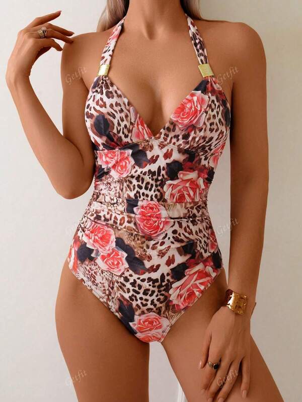 Women's New Summer One Piece Halter Neck Sexy Backless Swimsuit. Fashion Leopard Print With Tie Front Monokini For Beach Vacation