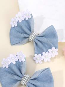 2pcs Denim Hair Bows For Women Girls Solid Color Denim Bow Alligator Clips With Pearl Flower Elegant Vacation Bow Hair Clips Casual Bow Barrettes Women Hair Accessories ,Flat Claw Clip
