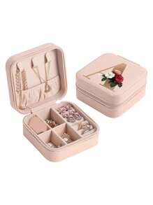 1pc Mini Floral Alphabet Jewelry Storage Box, A-Z Gold Letters, Portable Zipper Travel Jewelry Storage Box, Gift Box For Women, Multi-Function Jewelry Display Stand For Rings, Pendants, Earrings, Necklaces, Etc. - Suitable For Women, Mother, Girlfriend, Valentine's Day Gift Box.