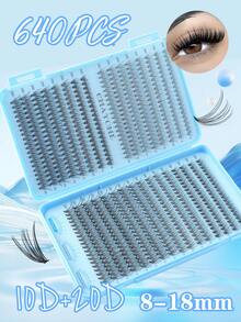 640件DIY睫毛延长套装 - 混合长度10-16毫米，包含10D、20D、30D、40D、50D簇状睫毛、猫眼睫毛、Cosplay睫毛、俄罗斯卷睫毛、自然睫毛、浓密睫毛和夸张睫毛等款式，含粘合剂和密封胶、镊子，适合初学者使用，厚度0.07毫米，D型卷翘，适合家庭使用。睫毛簇状套装，睫毛，假睫毛