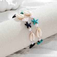 1 pièce Bracelet de cheville tressé fait main pour femmes, style vacances à la plage avec coque naturelle et étoile de mer, faux perles, pour porter à la plage