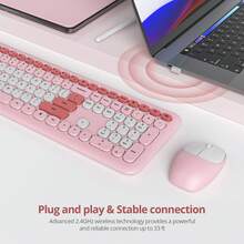 Quiet Wireless Keyboard And Mouse, Retro Typewriter-Style Full-Size Colorful Keyboard And Mouse Combo, Slim Design, Low-Noise Typing For Windows PC Laptop - Màu Hồng  Dưa hấu - Xem 2