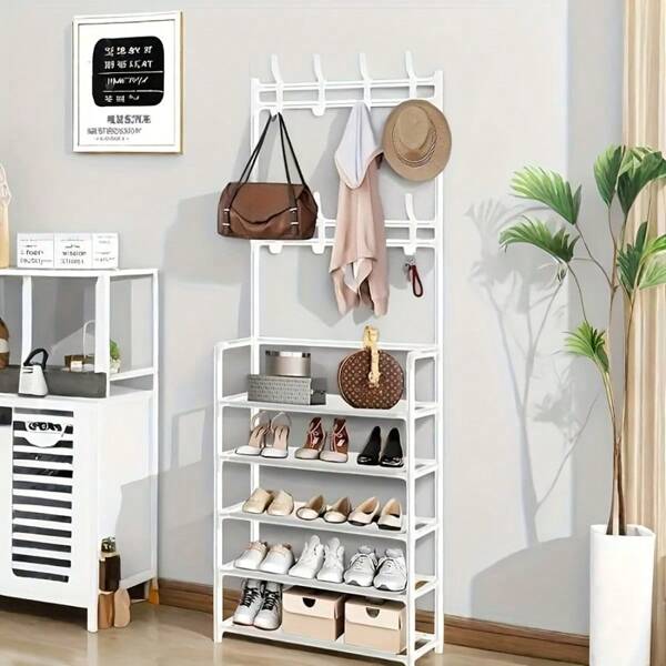 Functional Shoes And Outerwear Metal Frame -60cm, Detachable Hooks, Multi-Layer, Free Standing Storage For Homes And Apartments