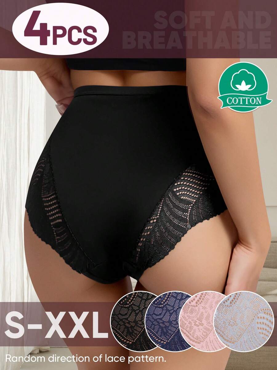 MIOTAN 4pcs/Set Women High Waist Tummy Control Briefs With Lace Patchwork Jacquard Pattern, Soft & Comfortable, Breathable - Multicolor - View 1