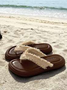 Sandali estivi da donna infradito - infradito da spiaggia con tomaia in tessuto morbido e suola in gomma, sottopiede imbottito per uso casual all'aperto, colore marrone, scarpe da spiaggia, con decorazioni con nappine