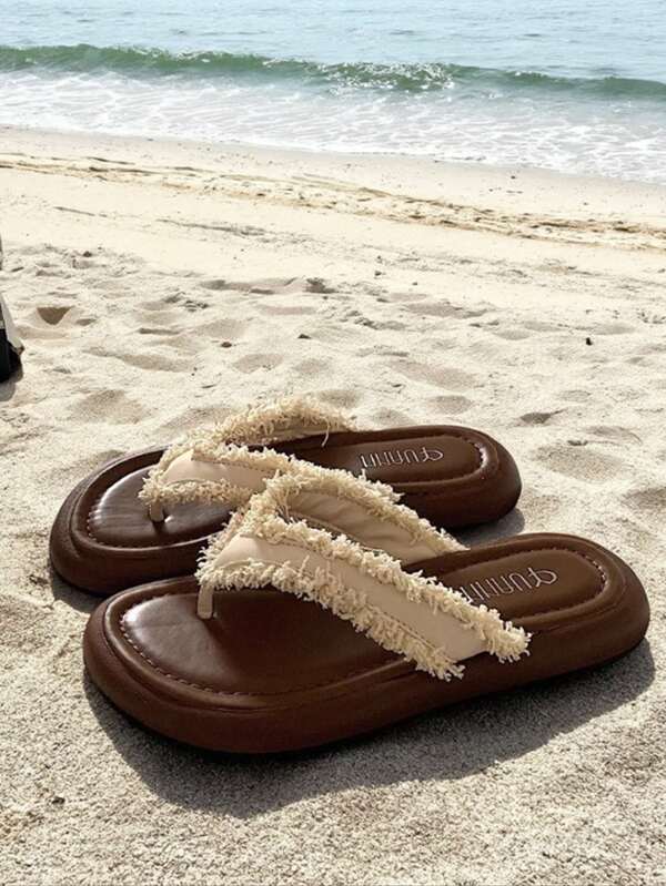 Women's Summer Flat Slip-On Sandals - Open-Toe Beach Slippers With Soft Fabric Upper & Rubber Sole, Cushioned Insole For Casual Outdoor Wear, Brown, Beach Shoes, Decorative Tassel Accents
