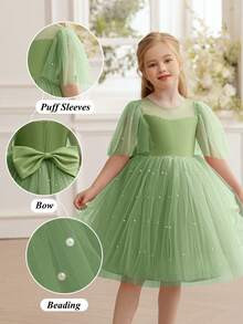 小女孩珍珠装饰网眼袖蝴蝶结派对礼服，优雅公主风格，适合女孩、生日礼物、派对、表演、花童礼服、婚礼、节日庆典 - 薄荷綠 - 查看 3