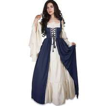 Vestido largo retro europeo y americano con tirantes estilo renacentista, corte medieval, traje de escenario - Azul [falda + chaleco + cinta] - Ver 7
