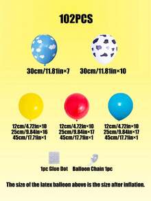 102pcs Latex Balloon Arch Set, Cloud & Cow Print Latex Balloons In Red, Blue, Yellow, For Birthday Party, Farmhouse Theme, Toy Inspired Decoration - Multicolor - View 5