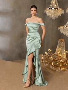 Faeriesty 优雅缎面晚礼服 - 露肩不对称下摆，侧开衩，荷叶边拖尾，时尚美人鱼轮廓，适合红毯盛宴、婚礼活动和正式晚宴 - 薄荷綠 - 查看 8