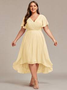 Plus Size Chiffon V-Neck Ruffle Sleeve A-Line Mid-Length Wedding Guest Dress, Yellow Bridesmaid Dress - Yellow - View 5