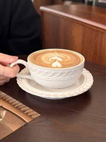 1 Set French Retro Glaze Ceramic Coffee Cup & Saucer, Luxury Latte Art Cup, Baroque Style Embossed Mugs - Enjoyable For Afternoon Tea, Perfect Gift For Mother's Day, Thanksgiving, Elders