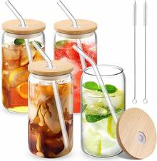 Glass Cups With Lid And Straw, 16oz Beer Glasses Glass Coffee Cups, Iced Coffee Cups With Lid, Glass Tumbler With Straw And Lid (2 PACK) - 4個玻璃杯+4根吸管+4個蓋子 - 查看 1