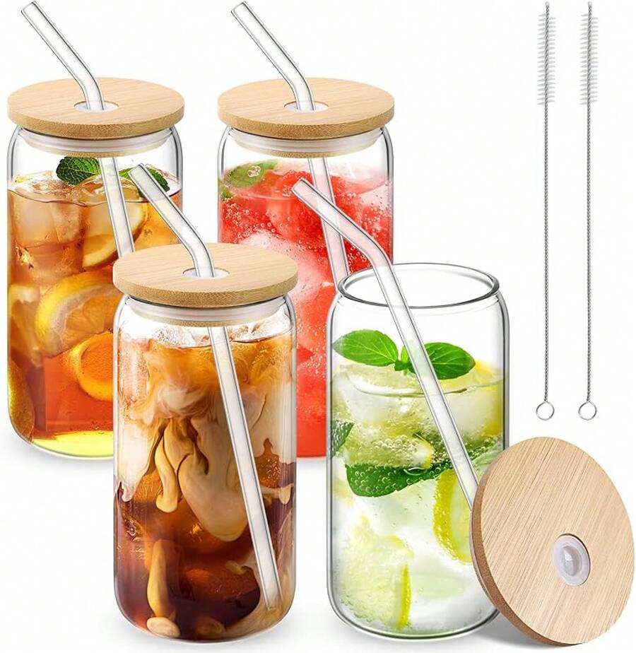 Glass Cups With Lid And Straw, 16oz Beer Glasses Glass Coffee Cups, Iced Coffee Cups With Lid, Glass Tumbler With Straw And Lid (2 PACK) - 4個玻璃杯+4根吸管+4個蓋子 - 查看 1
