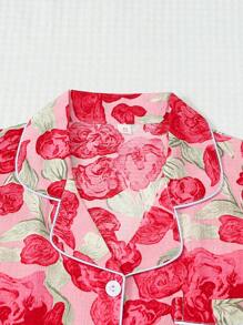 2pcs Set Comfortable Pink Rose Print Lapel Button Short Sleeve Top With Pocket And Bow Shorts Women Pajamas Loungewear Set, Suitable For Home Use, Spring/Summer