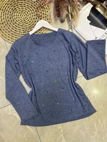 Long Sleeve Blouse In Soft Fabric With Rhinestones - Baby Blue - View 1