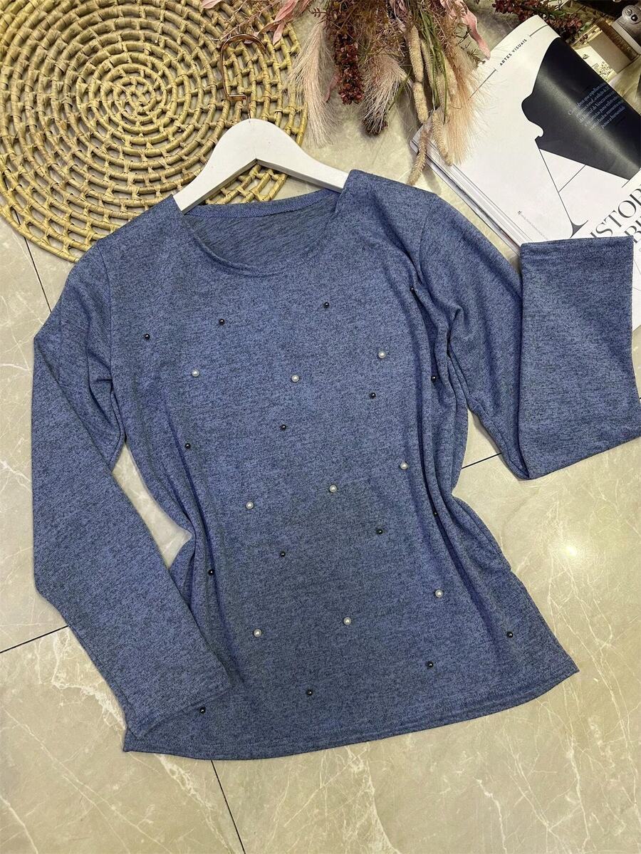 Long Sleeve Blouse In Soft Fabric With Rhinestones - Baby Blue - View 1