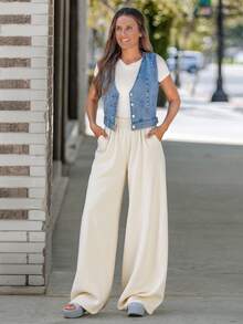 SHEIN LUNE Solid Slant Pocket Linen Wide Leg Pants - Apricot - View 4