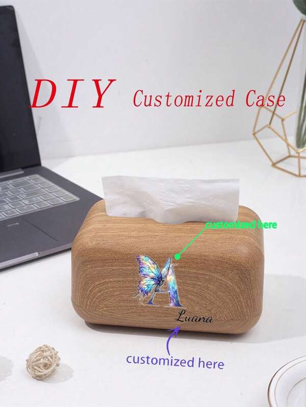 1pc Customizable Wood Grain Tissue Box, Personalized Signature, Black Walnut Color Desktop Tissue Box For Home, Living Room, Office Use, Best Gift For Friends