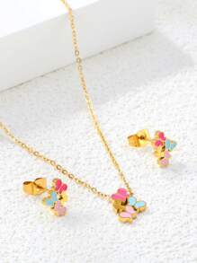 Set de collier et boucles d'oreilles en acier inoxydable pour femmes, avec gouttes de couleurs douces, poney mélangé et papillons. Bijoux personnalisés créatifs, cadeau idéal pour l'été
