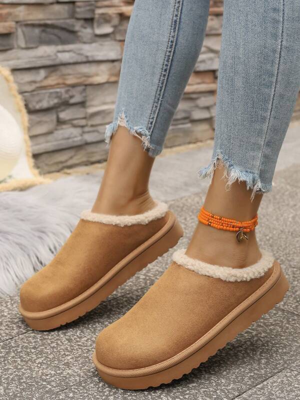 New Arrival Fluffy Slip-On Slippers, Thick Sole Snow Slides With Toe Cover And Plush Lining For Women, Suitable For Fall/Winter