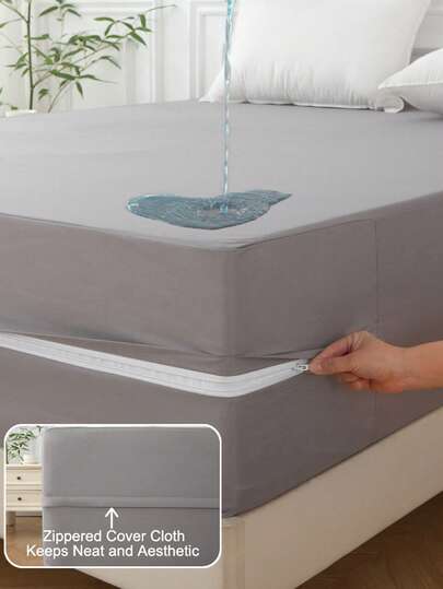 Anqianny 1pc 6-Sided Waterproof Mattress Protector, Dustproof And Breathable, Refreshing Mattress Cover With Zippered Deep Pocket Fitted Sheet, Suitable For Double Bed, Single Bed, Bedroom Decor, Guest Room, And Hotel (No Pillowcase)