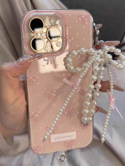 Cute Wave Point Pink Bow Pearl Pendant Phone Case Compatible With IPhone 17 ProMax 17Pro 17 Air 17 16 15 14 13 12 11 Pro Max Jelly Cases Creative Shockproof Bumper Cover