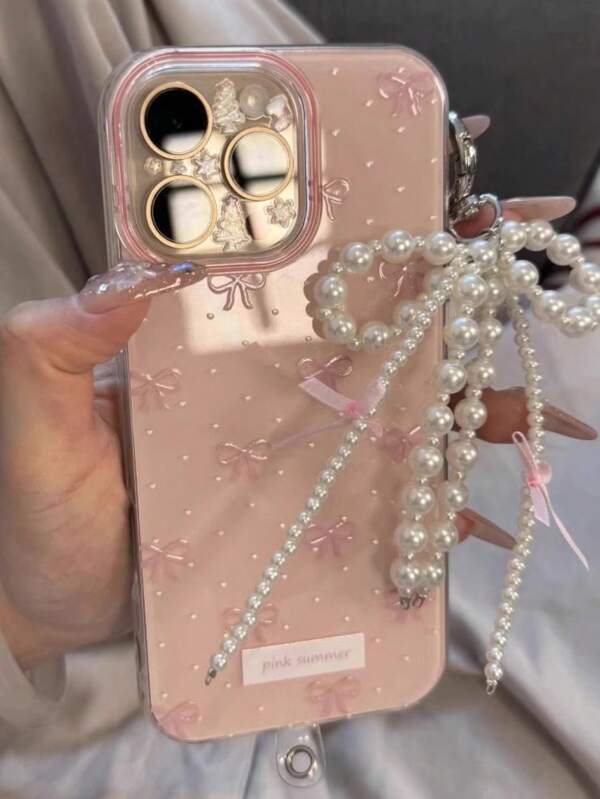 Cute Wave Point Pink Bow Pearl Pendant Phone Case Compatible With IPhone 16 15 14 13 12 11 Pro Max Jelly Cases Creative Shockproof Bumper Cover