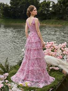 Faeriesty Luxe Elegant Beaded Tulle Evening Gown With Deep V-Neck & Sleeveless Design - Floral Embroidered Formal Dress For Galas, Wedding Banquets & High-End Parties