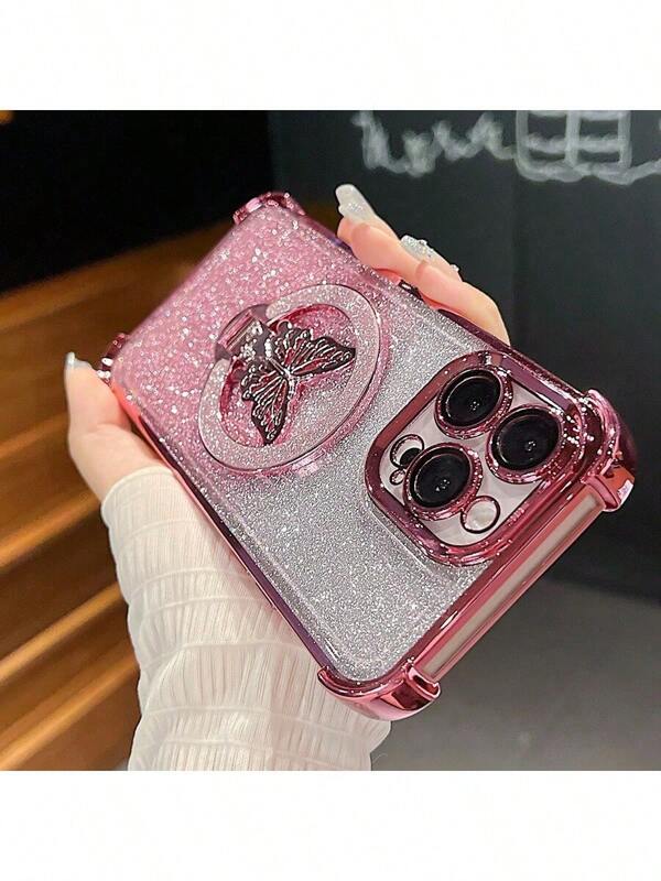 Neuer luxuriöser Schmetterling Glitzer-Ständer extra starker magnetischer Ring mit Linsen-Schutzfolie, transparente galvanisierte Handyhülle geeignet und kompatibel mit Apple iPhones 16, Galaxy A04E A05S A12 A13 A14 A15 A21S A22 A23 A24 A32 A33 A34 A35 A53 A54 A73 S10 S20 S21 S22 S23 S24 S25 Ultra Note 20, Redmi Note 7/8/9/10/11/12/13, Redmi 9/10/12/13C, OPPO, MOTO, Honor, HW, Realme C53 C55