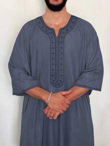 Middle Eastern Men's Embroidered Long Robe, Moroccan Men's Long Robe With Side Pockets, Islamic Men's Thobe
