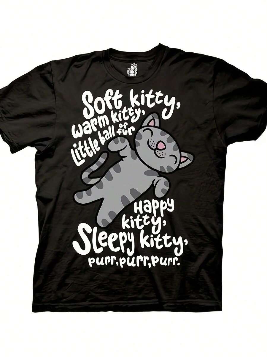 [Big Bang Theory Soft Kitty] Soft Kitty Warm Kitty  BLACK Mens T-Shirt - 220g Pure Cotton Heat Transfer Printed - màu đen - Xem 1