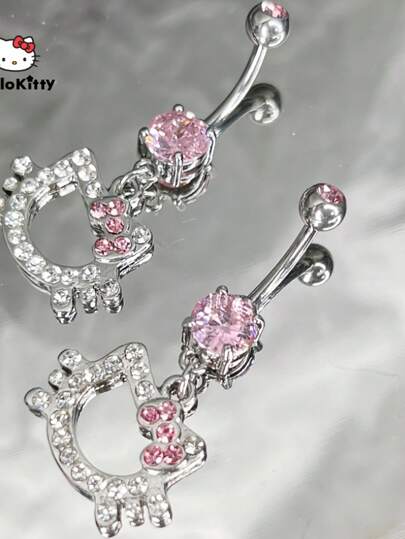 Sanrio 1pc SANRIO Hello Kitty Navel Ring - Y2K Fashion Alloy Navel Jewelry With Pink Crystal Decor - Body Piercing Accessory For Women - Ideal Birthday And Valentine's Day Gift, SANRIO