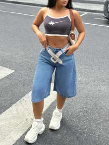 Jeans a vita alta, a gamba larga e a sette punti, con tasche con ricamo a farfalla, stile Y2K, per donne