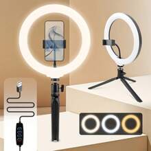 10-Inch LED Ring Light With Cell Phone Holder, Adjustable Desktop Tripod, Dimmable, USB Powered, Handheld, Portable, For Video Recording, Selfies, Vlogs, Makeup, Live Streaming