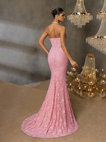 Faeriesty Elegante abito da sera in pizzo con collo a canottiera e profondo scollo a V - Corpetto strutturato, silhouette a sirena a coda di pesce, strascico lungo - Abito da cerimonia per gala, banchetti di matrimonio, balli di fine anno e feste di alto livello