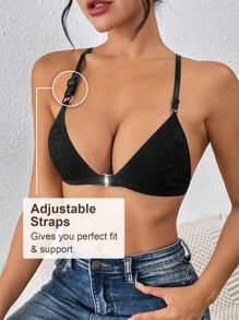 LianShengFa Sutien fără armătură cu închidere frontală 1 buc, lenjerie din dantelă respirabilă cu bretele reglabile, fără căptușeală, moale și confortabil, purtare zilnică pentru femei