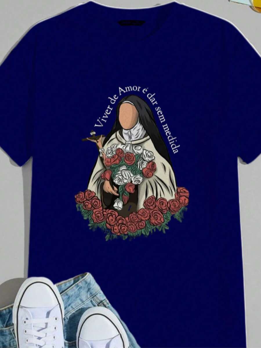 Santa And Rose Printed T-Shirt - Navy Blue - View 1