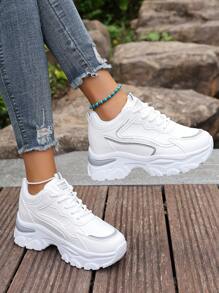 1 par de zapatos deportivos casuales de mujer con rayas grises y blanco, con plataforma y suela gruesa, zapatillas chunky, con plantilla interior que aumenta la altura, adecuados para uso diario, vacaciones, citas, etc. Zapatos deportivos casuales, con efecto de lentejuelas, estilo clásico simple, altura de 7,5 cm