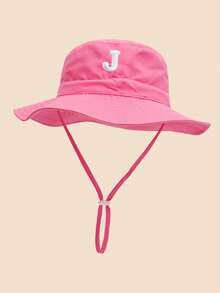 1 件儿童心形和字母印花太阳帽，休闲风格，配有可调节防风绳，婴儿渔夫帽，适合户外海滩防晒 - 深粉-貼片字母 - 查看 4