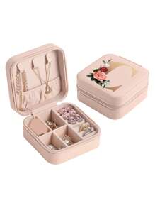 1pc Mini Floral Alphabet Jewelry Storage Box, A-Z Gold Letters, Portable Zipper Travel Jewelry Storage Box, Gift Box For Women, Multi-Function Jewelry Display Stand For Rings, Pendants, Earrings, Necklaces, Etc. - Suitable For Women, Mother, Girlfriend, Valentine's Day Gift Box.