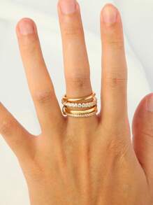 1 pieza Anillo de mujer personalizado de 4 capas de cobre con circonita, versátil y creativo, adecuado para fiesta, regalos de festivales, uso diario